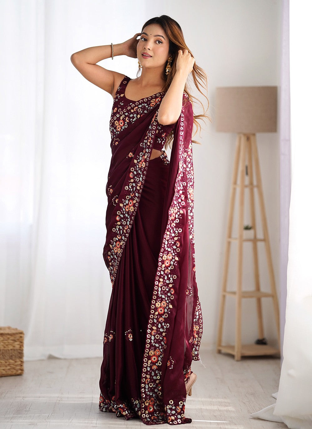 Embroidered, Sequins, Thread Chiffon Satin Saree - S11742