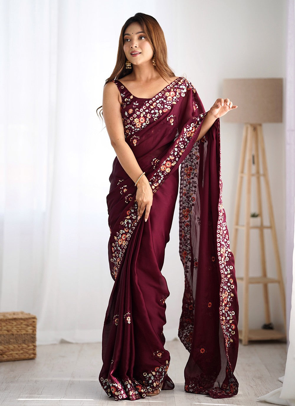 Embroidered, Sequins, Thread Chiffon Satin Saree - S11742