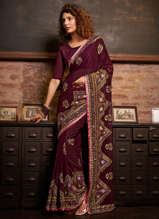 Classic Embroidered Chinon Saree - S3487