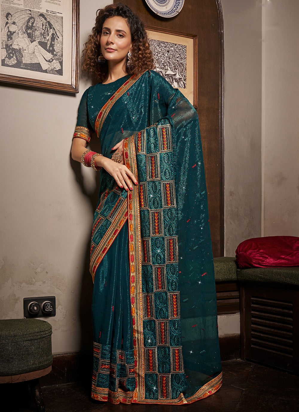 Classic Embroidered Chinon Saree - S3487