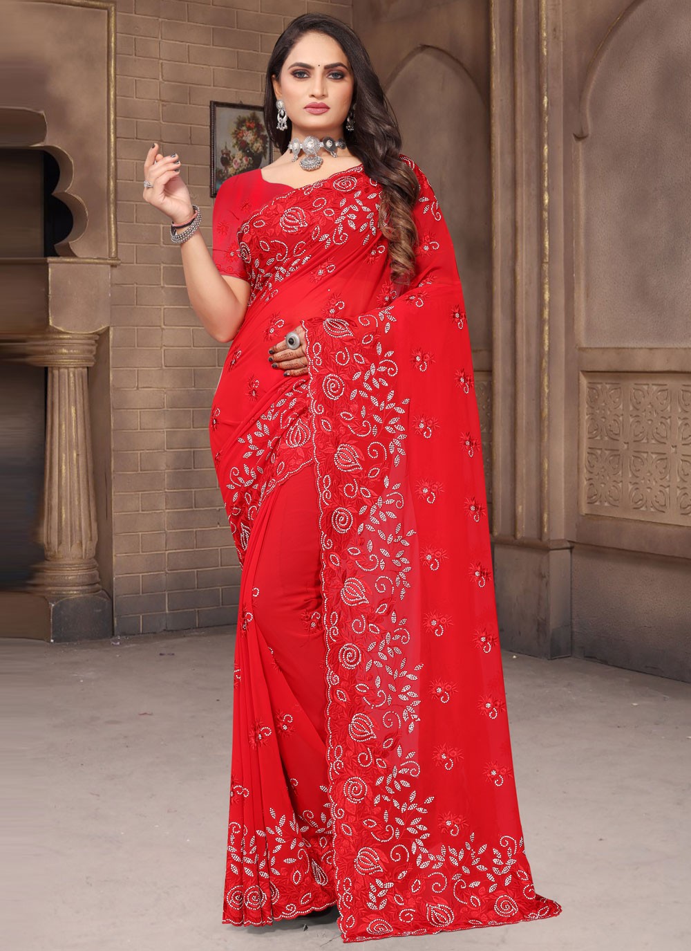 Trendy Machine Embroidery Georgette Saree - S4263