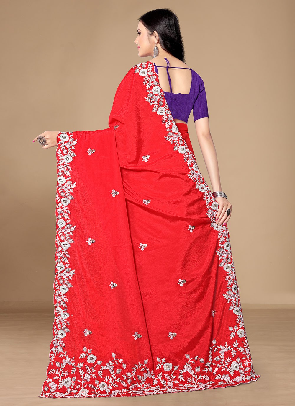 Classic Embroidered Chinon, Silk Saree - S4677