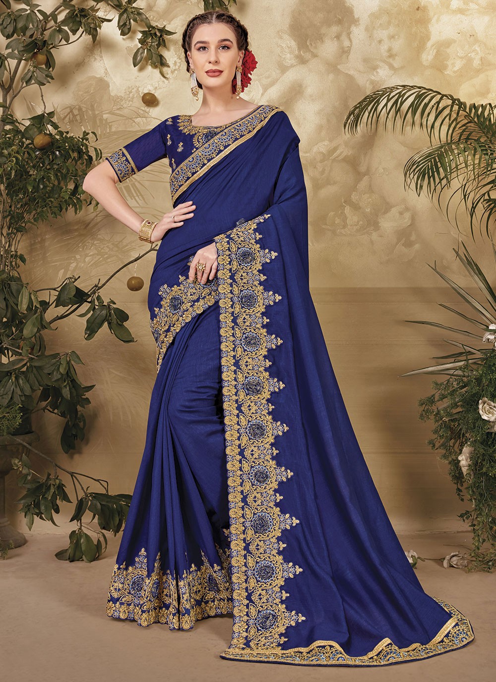 Trendy Embroidered Vichitra Silk Saree - S4805