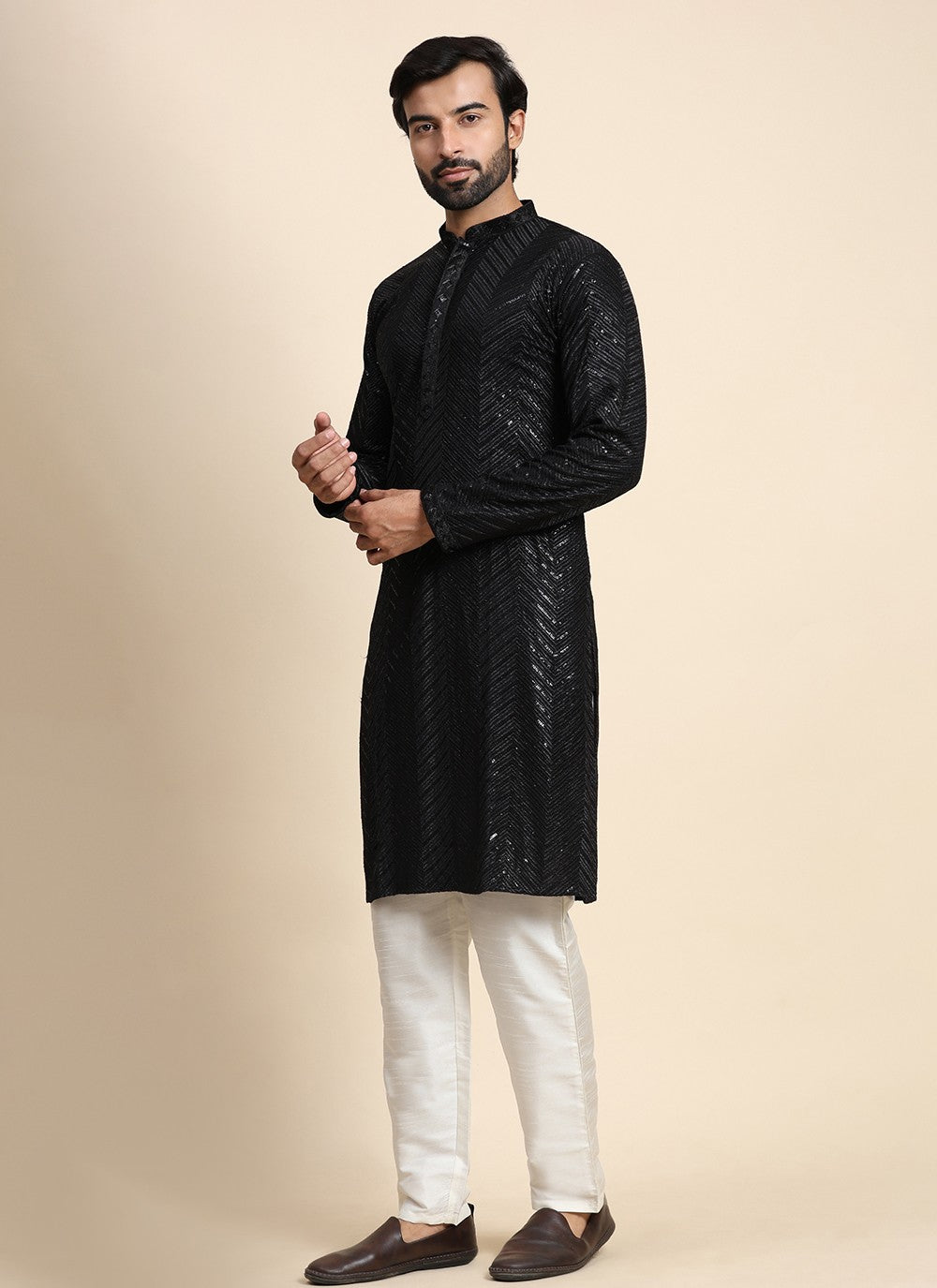 Embroidered Cotton Black Kurta Pyjama - M8448