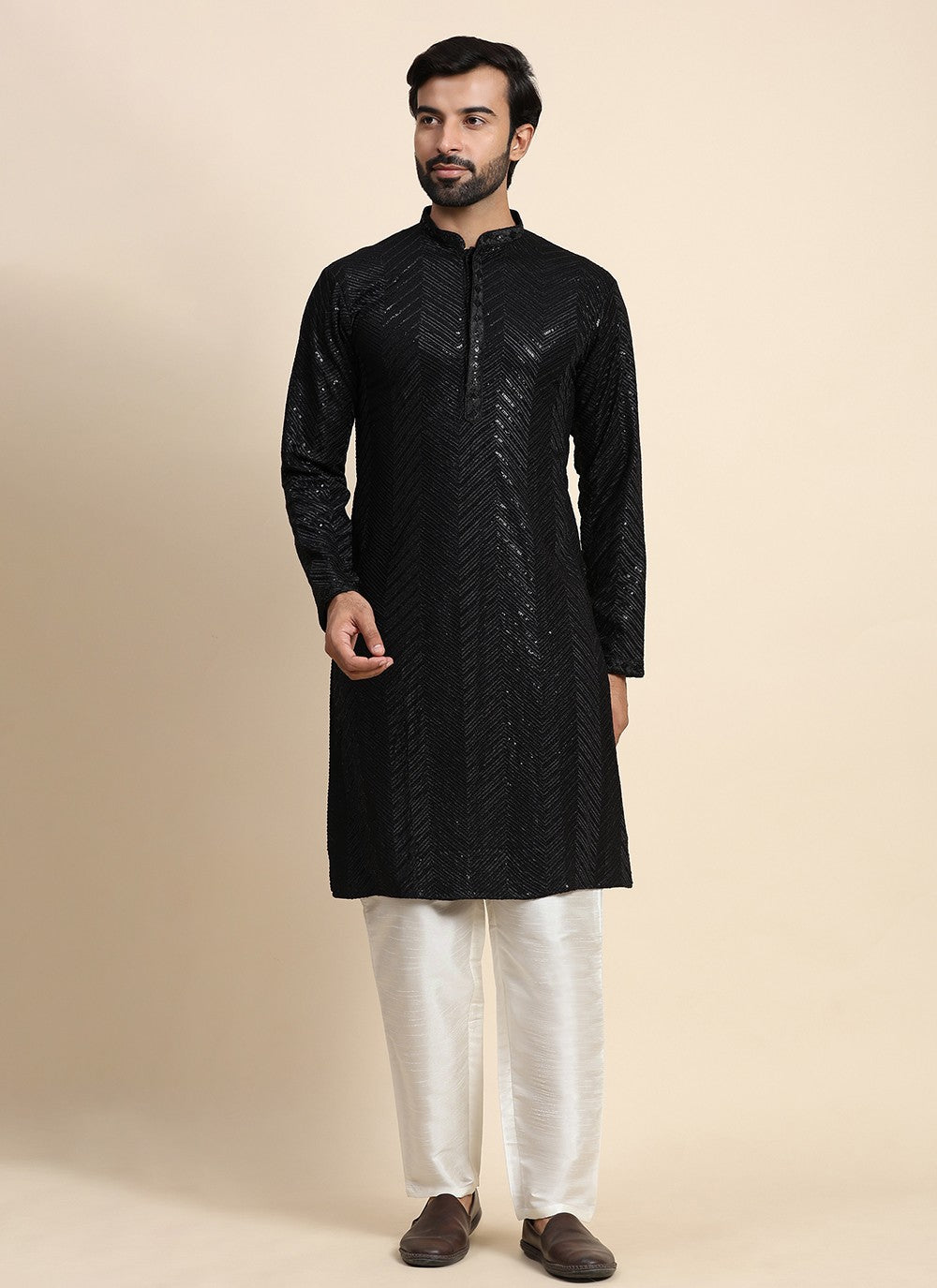 Embroidered Cotton Black Kurta Pyjama - M8448