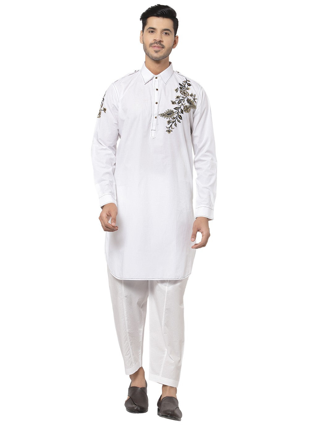 Embroidered Cotton Off White Kurta Pyjama - M3191