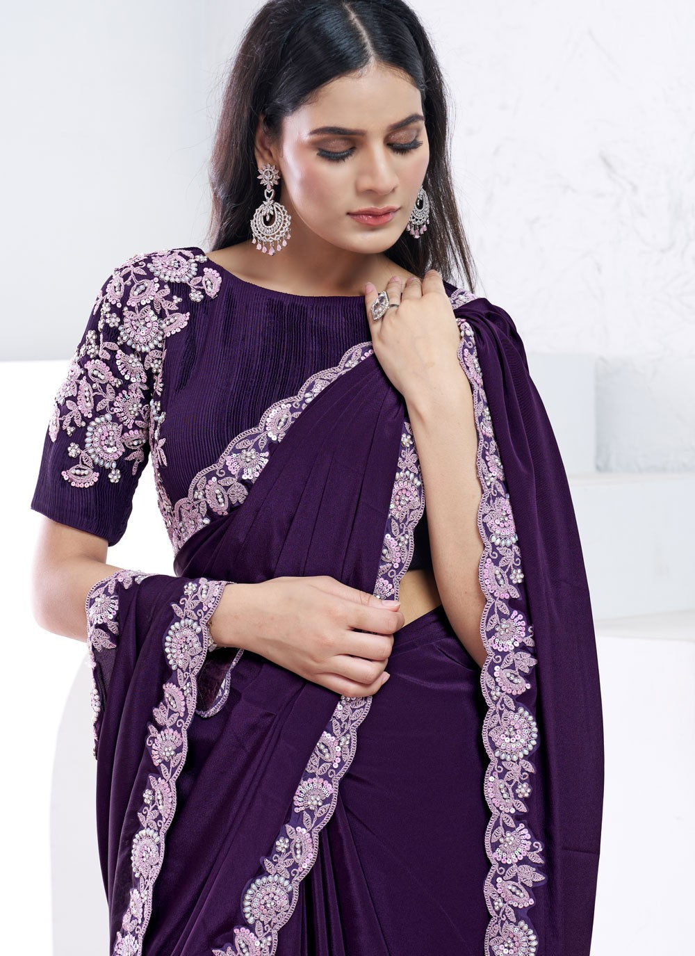 Embroidered, Moti, Sequins Crepe Silk Saree - S12036