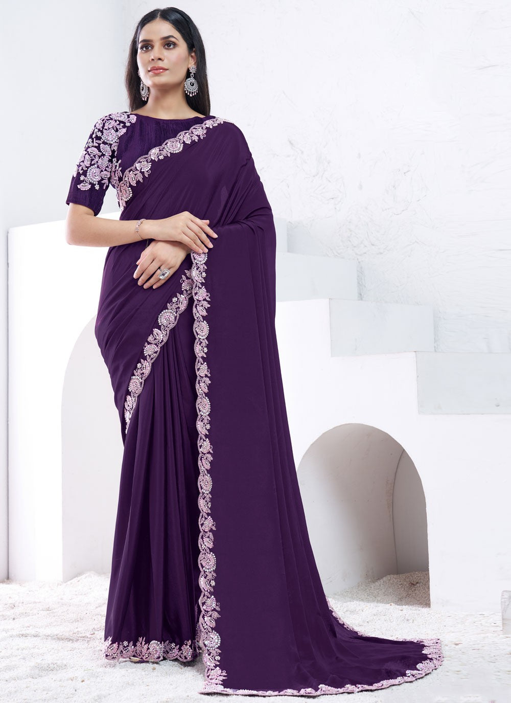 Embroidered, Moti, Sequins Crepe Silk Saree - S12036