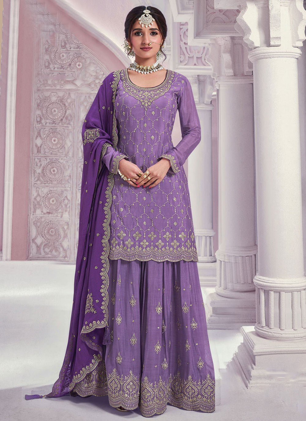 Embroidered Chinon Palazzo Suit - T4696