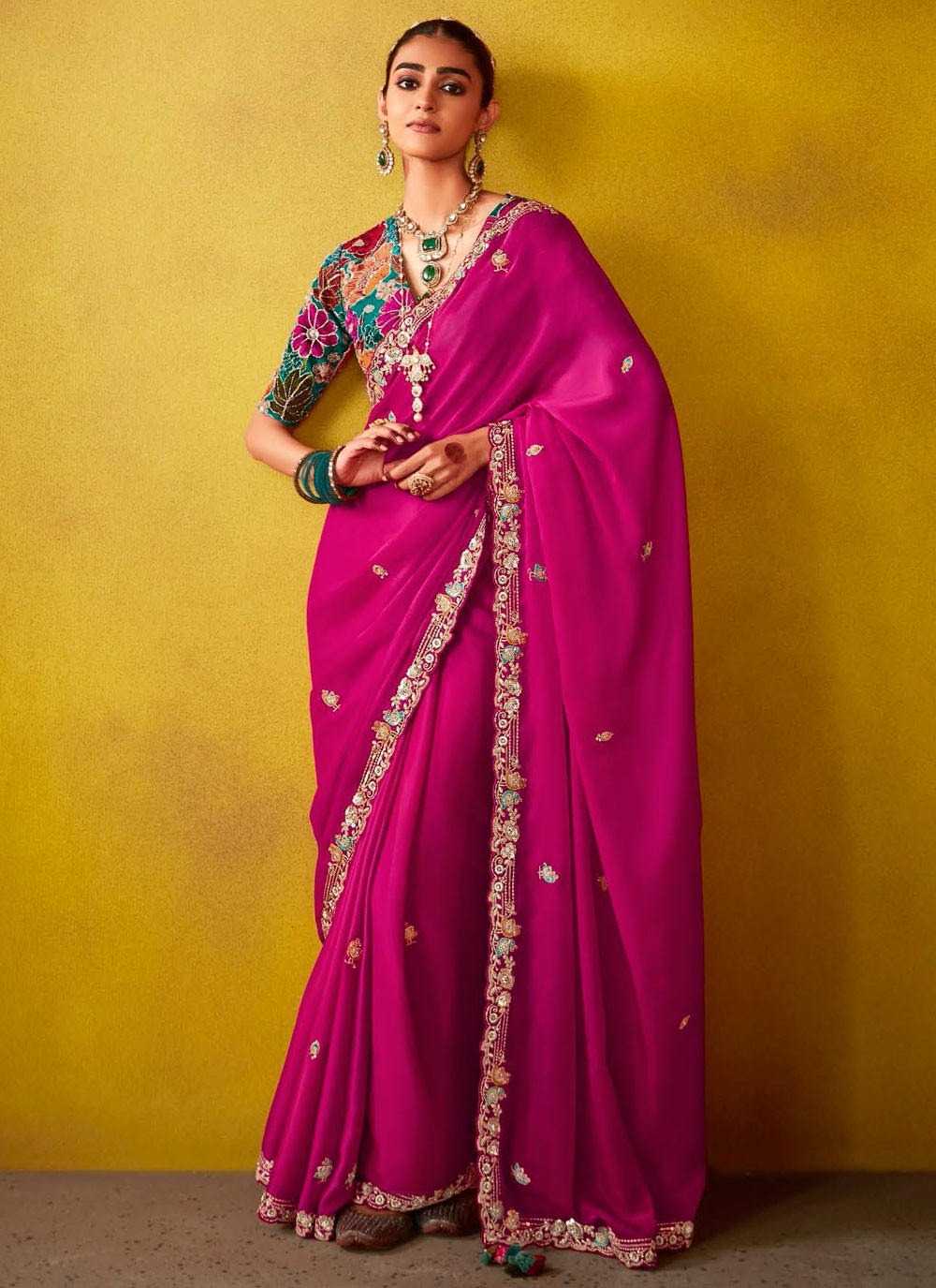 Cut Work, Embroidered, Stones, Zari Silk Saree - S12188