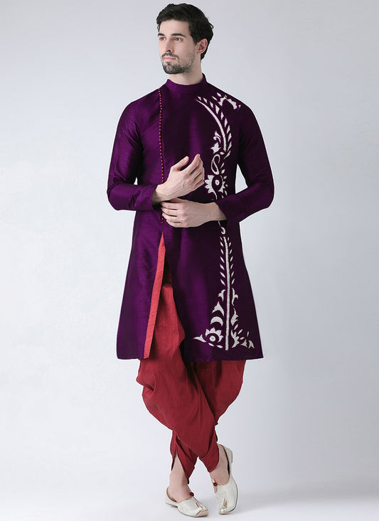 Embroidered Dupion Silk Purple Angrakha - M7300