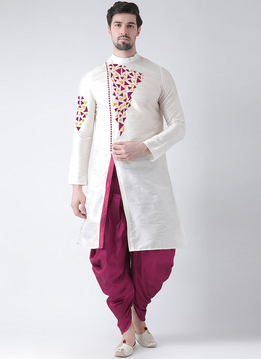 Embroidered Dupion Silk White Dhoti Kurta - M2070