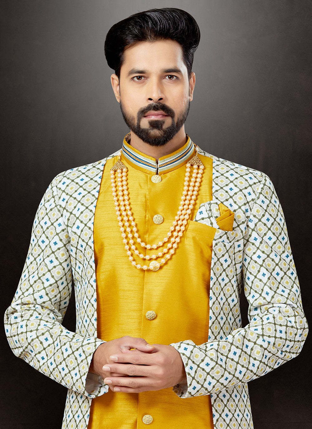 Embroidered Dupion Silk, Jacquard Multi Colour, Yellow Indo Western Sherwani - M4795