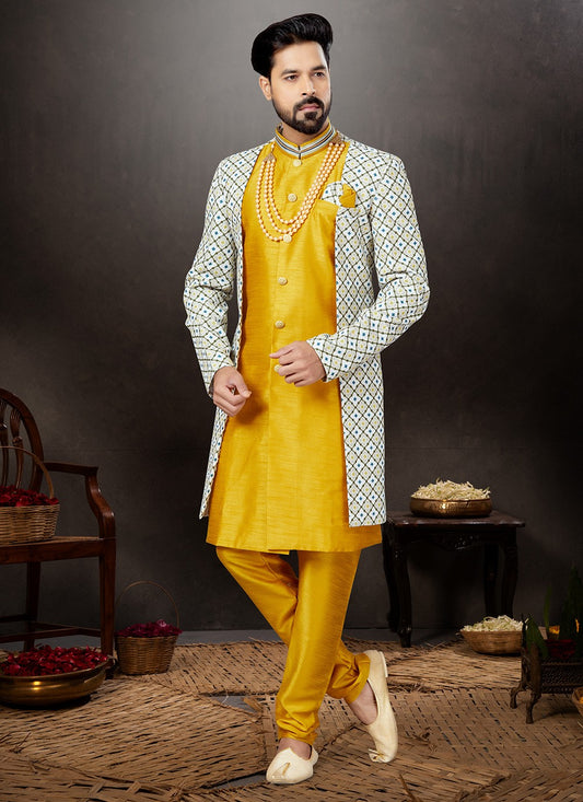 Embroidered Dupion Silk, Jacquard Multi Colour, Yellow Indo Western Sherwani - M4795