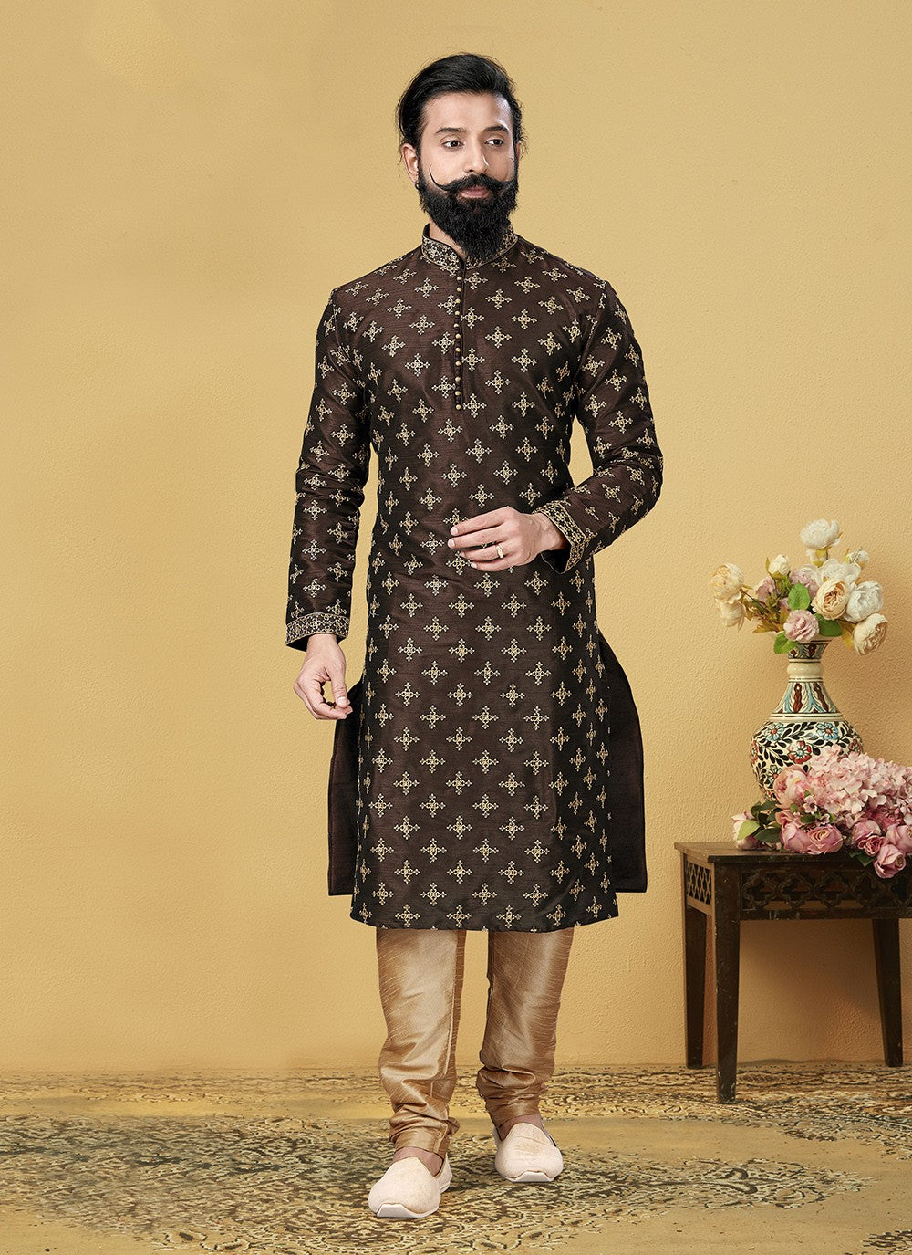 Embroidered Dupion Silk Brown Kurta Pyjama - M2059