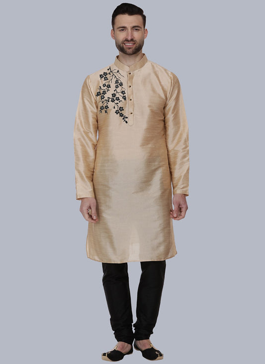 Embroidered Dupion Silk Gold Kurta Pyjama - M6558