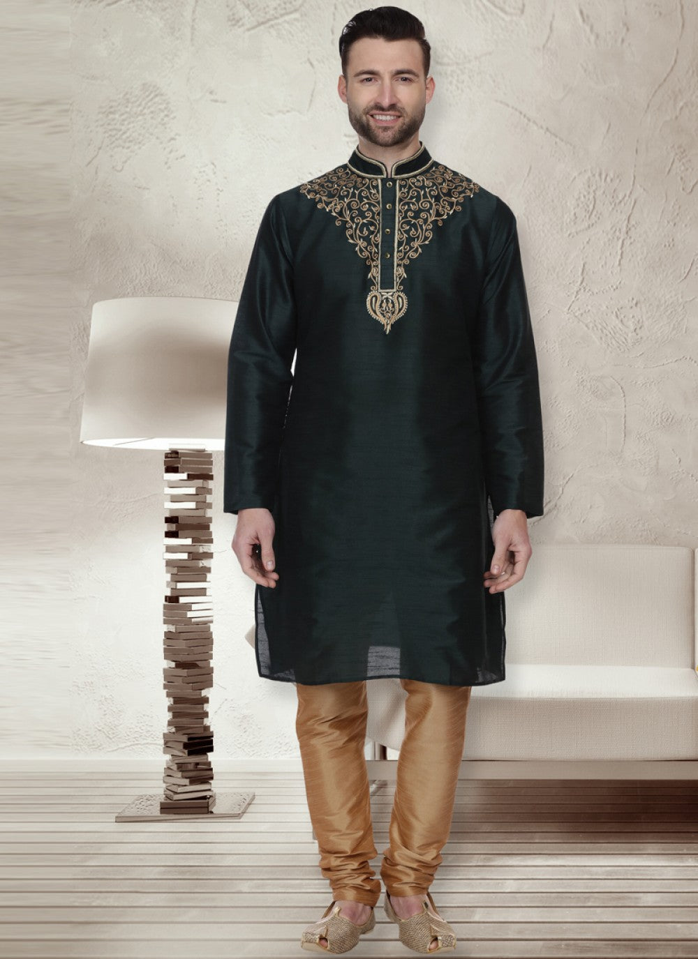 Embroidered Dupion Silk Green Kurta Pyjama - M1059