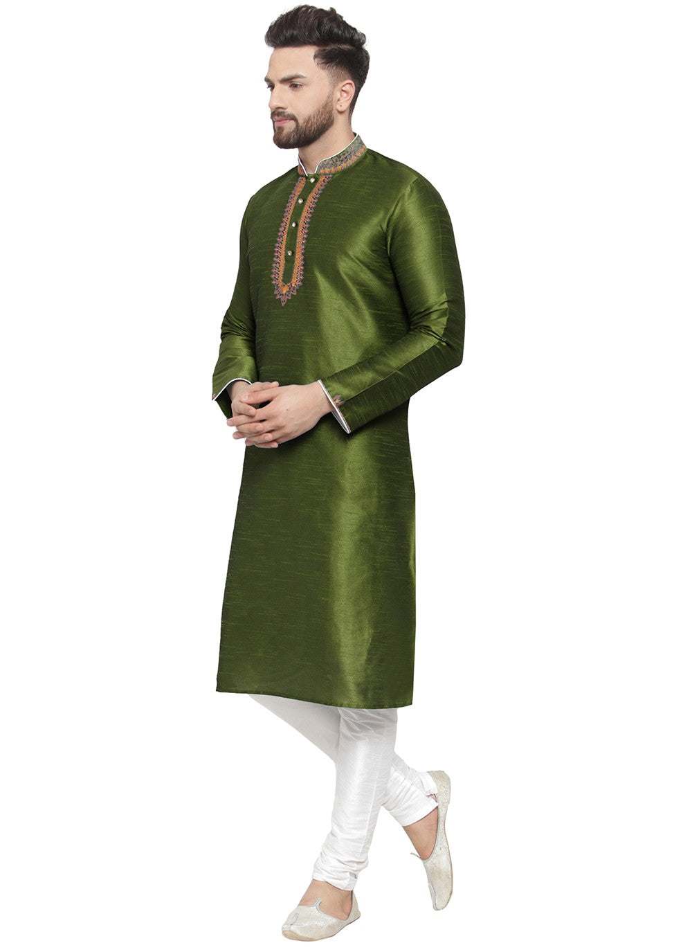 Embroidered Dupion Silk Green Kurta Pyjama - M7345