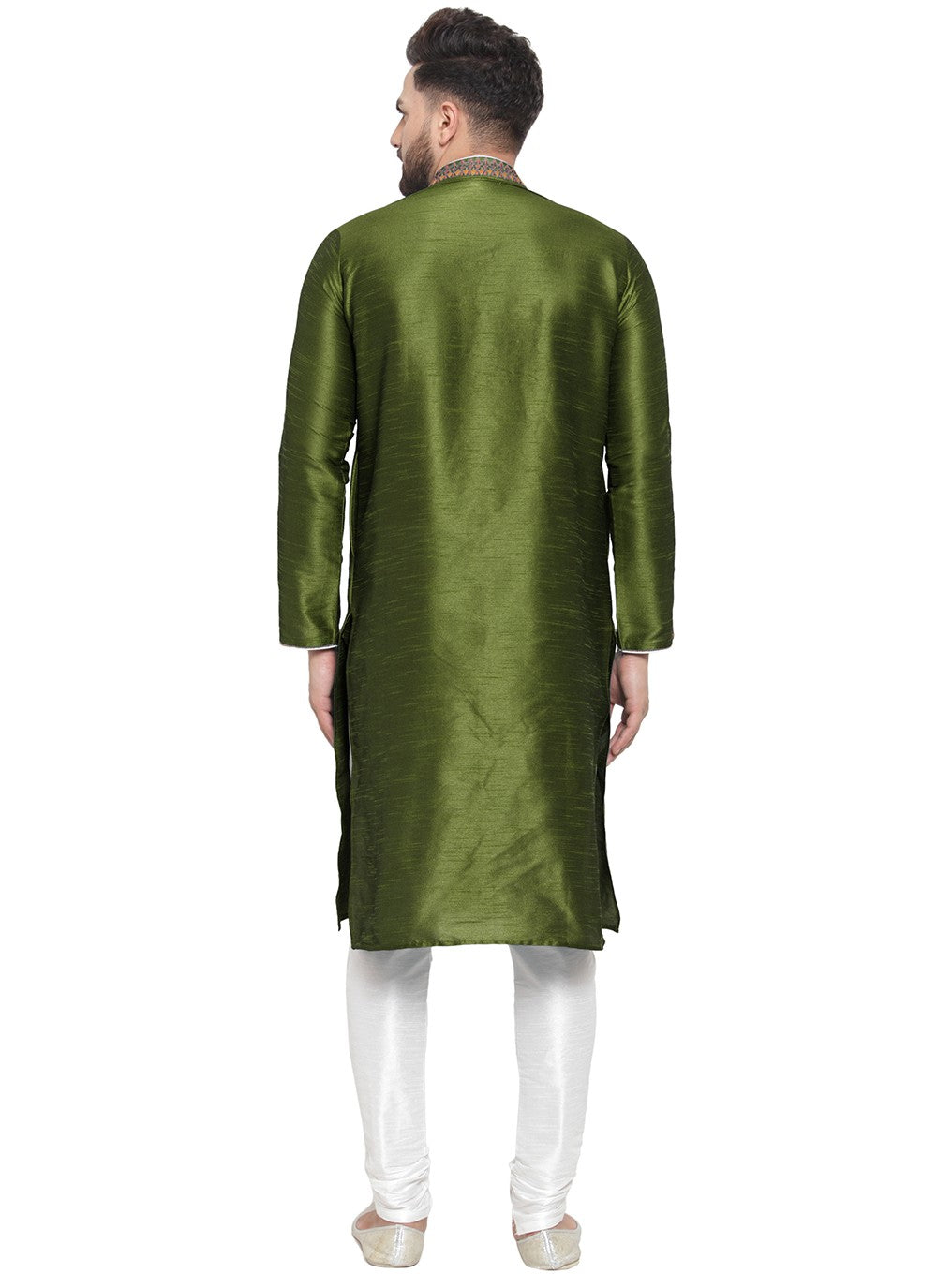 Embroidered Dupion Silk Green Kurta Pyjama - M7345