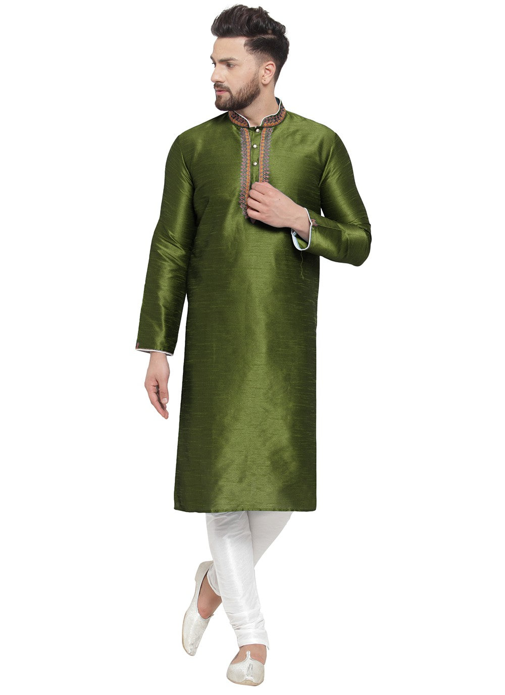 Embroidered Dupion Silk Green Kurta Pyjama - M7345