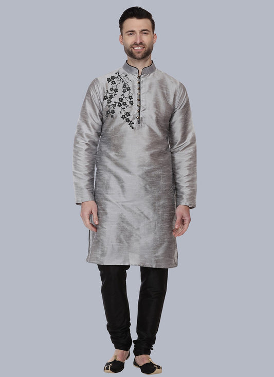 Embroidered Dupion Silk Grey Kurta Pyjama - M6545