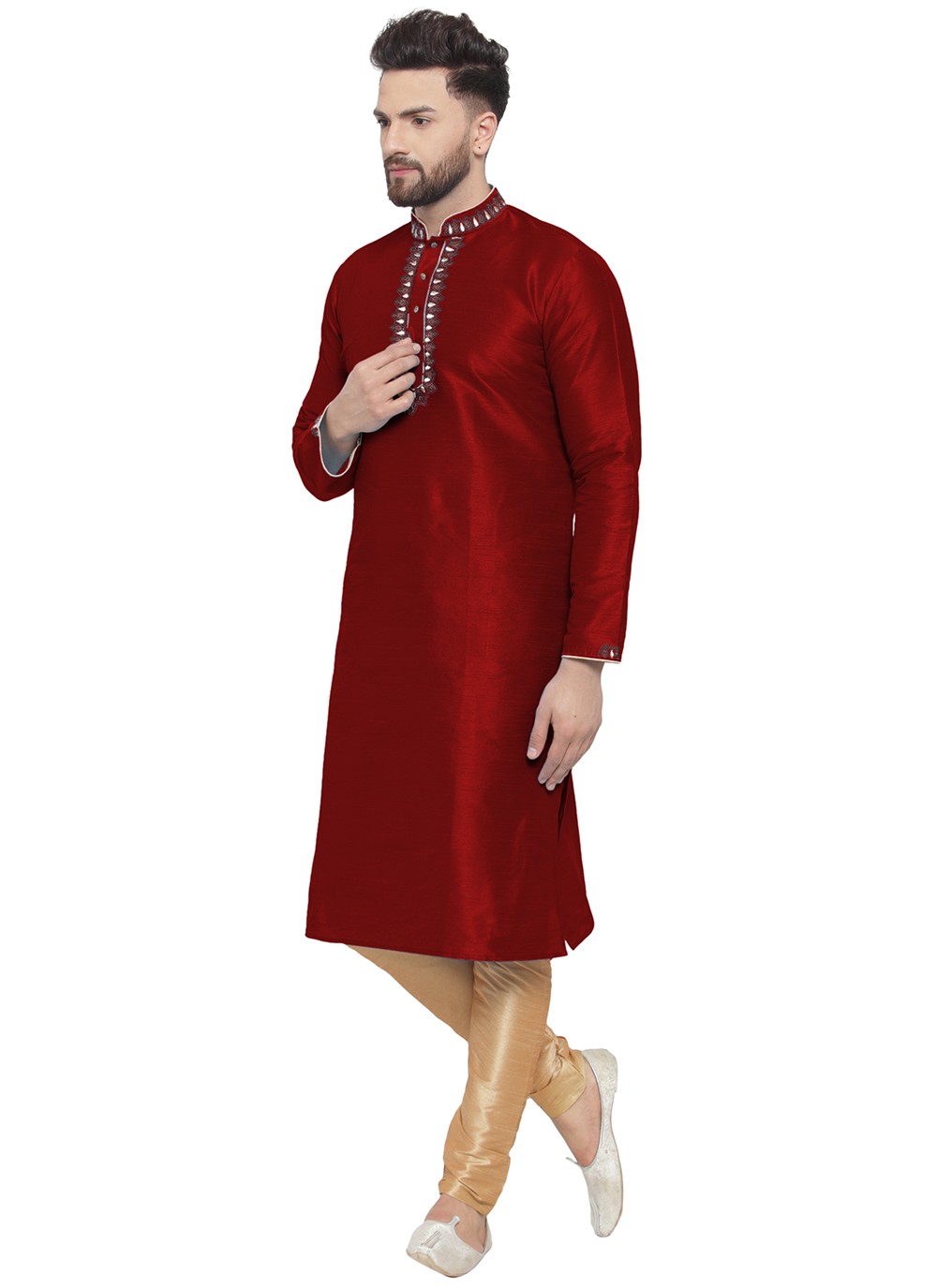 Embroidered Dupion Silk Maroon Kurta Pyjama - M7311