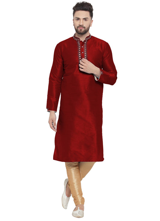 Embroidered Dupion Silk Maroon Kurta Pyjama - M7311