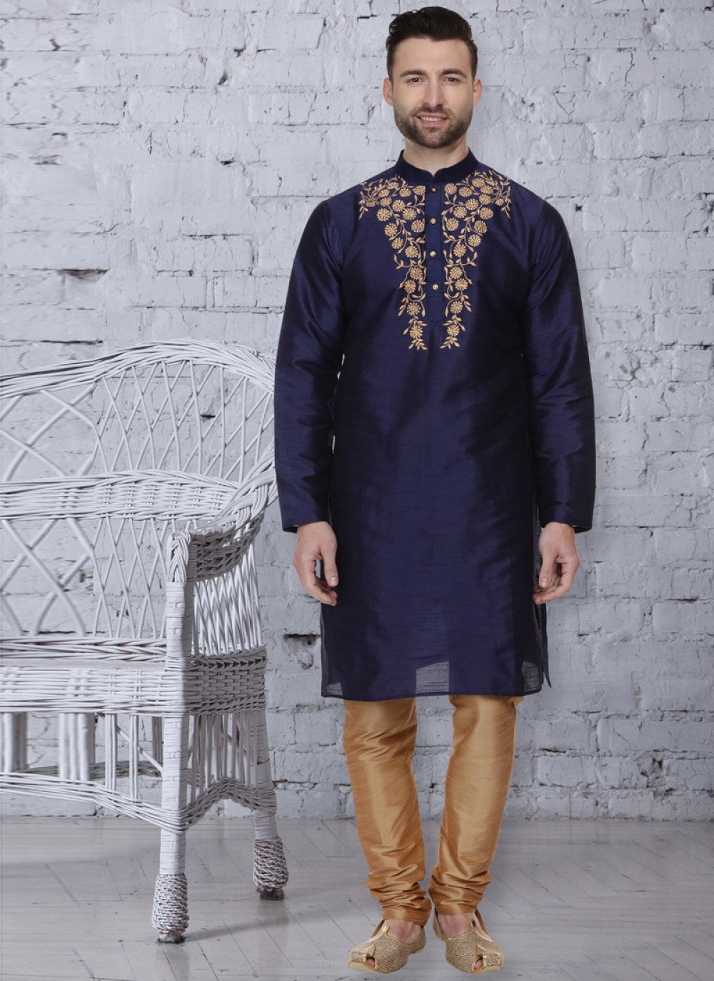 Embroidered Dupion Silk Navy Blue Kurta Pyjama - M1062