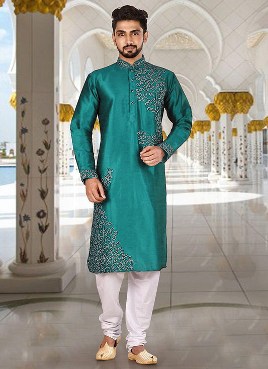 Aari Work Dupion Silk Sea Green Kurta Pyjama - M2283