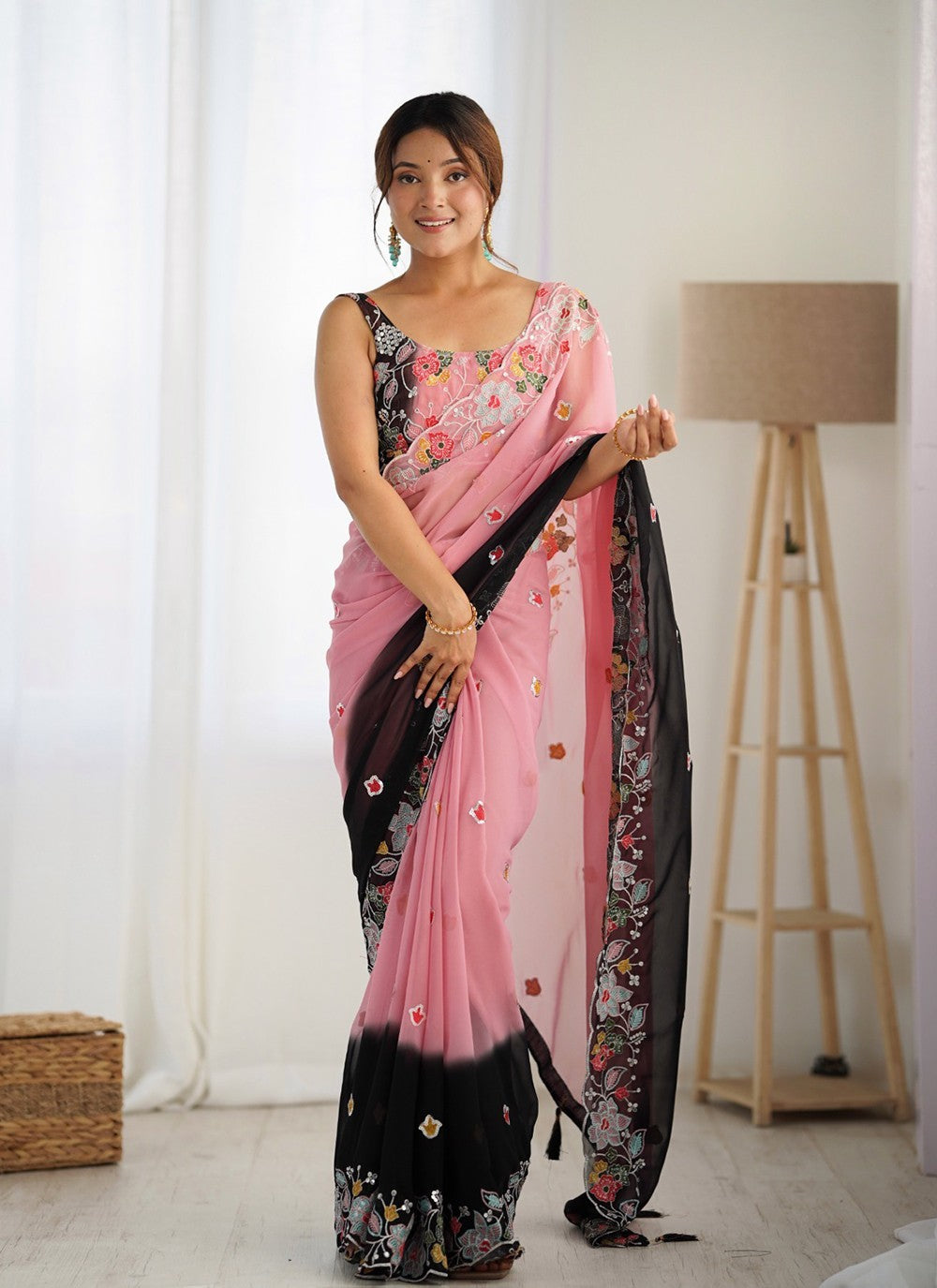 Classic Embroidered Georgette Multi Colour Saree - S11111