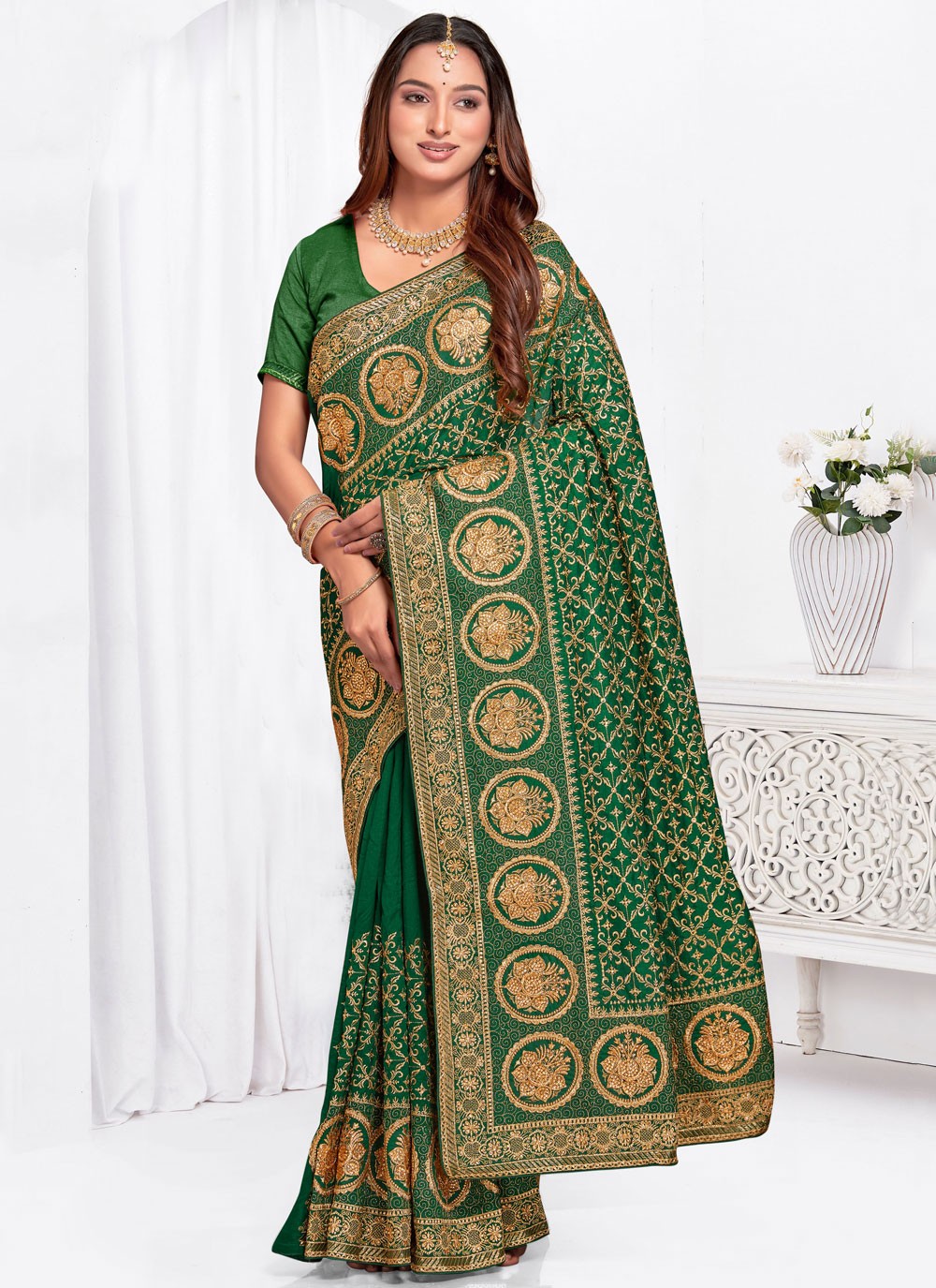 Embroidered, Zari Vichitra Silk Saree - S12102