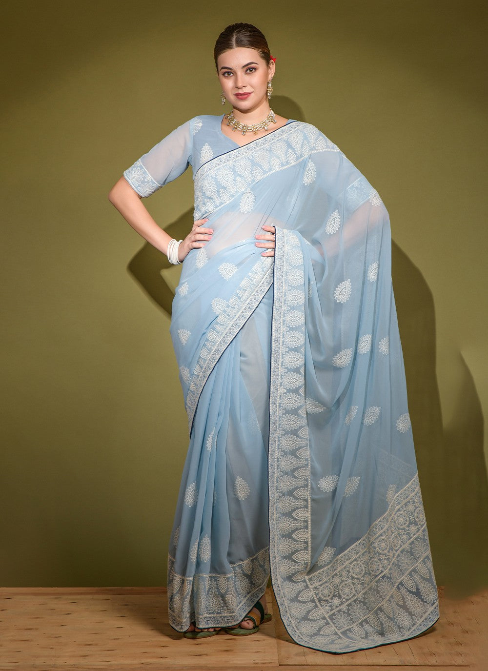 Contemporary Embroidered Faux Georgette Saree - S3148