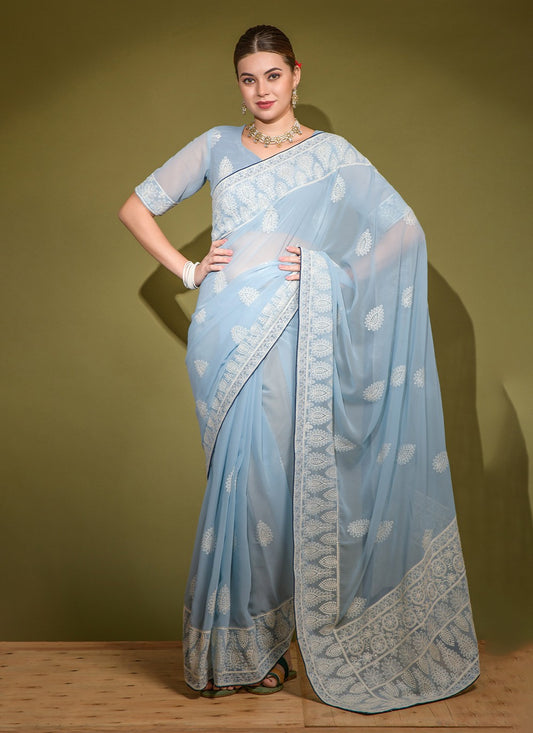 Contemporary Embroidered Faux Georgette Saree - S3148