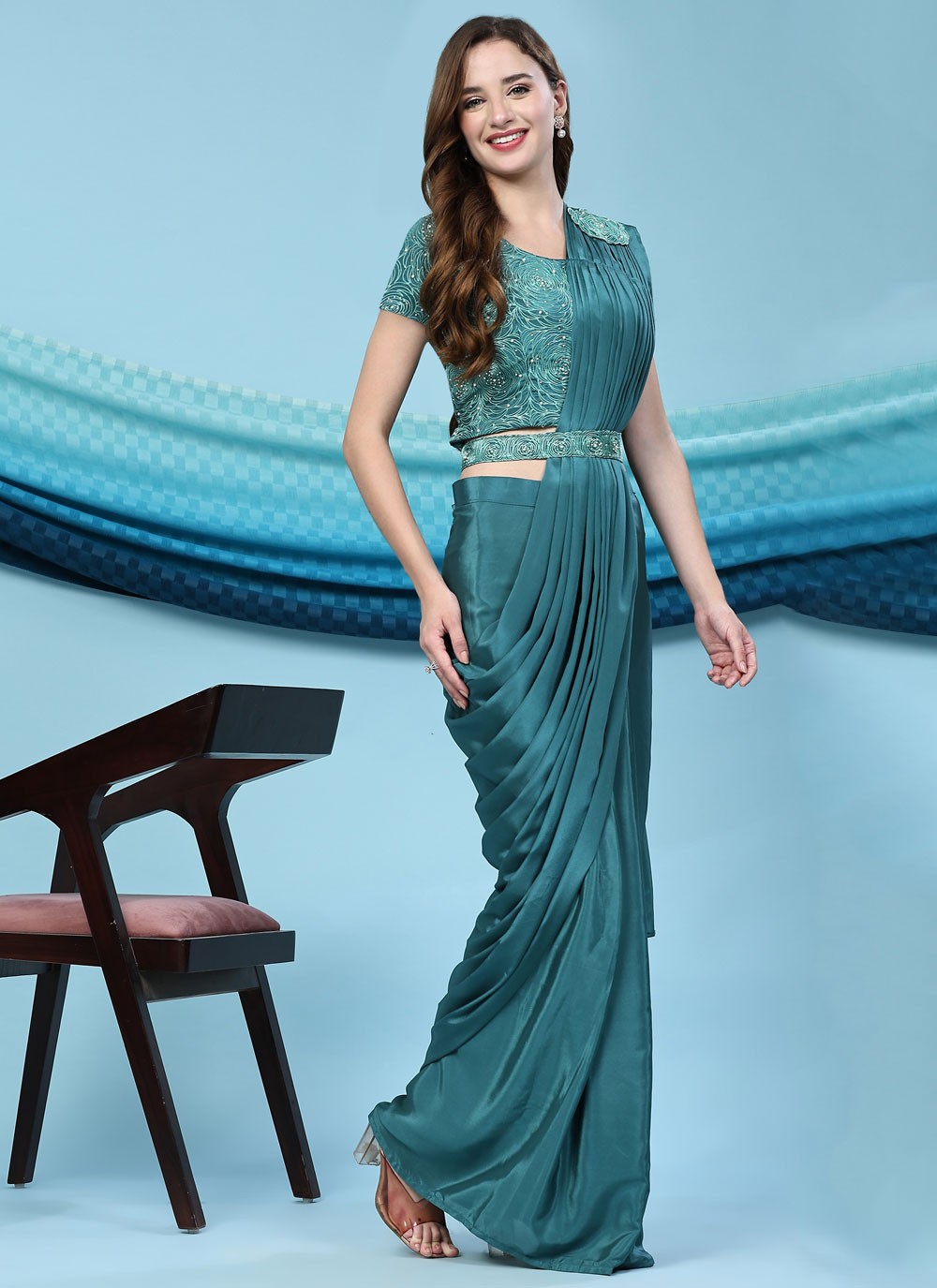 Trendy Embroidered Satin Silk Saree - S5006