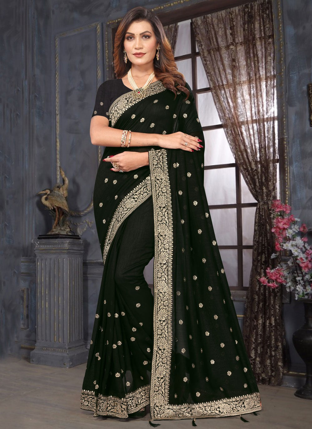 Classic Embroidered Vichitra Silk Saree - S7357