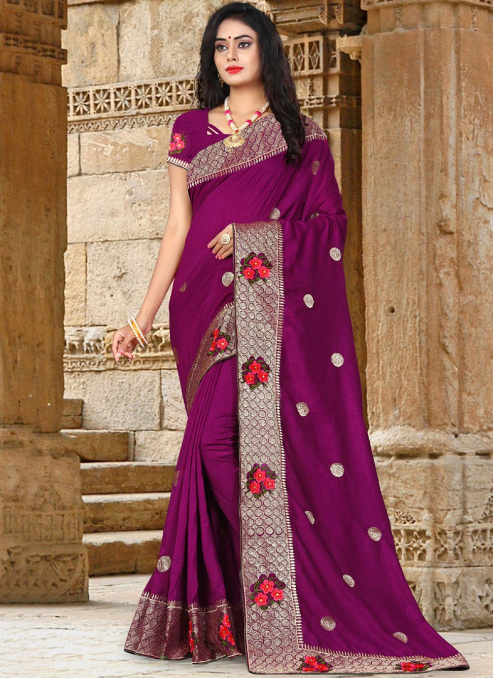 Traditional Embroidered Art Silk Saree - S0011