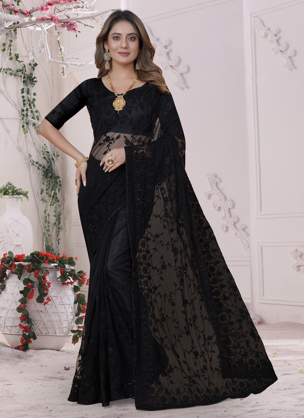 Trendy Embroidered Net Saree - S3529