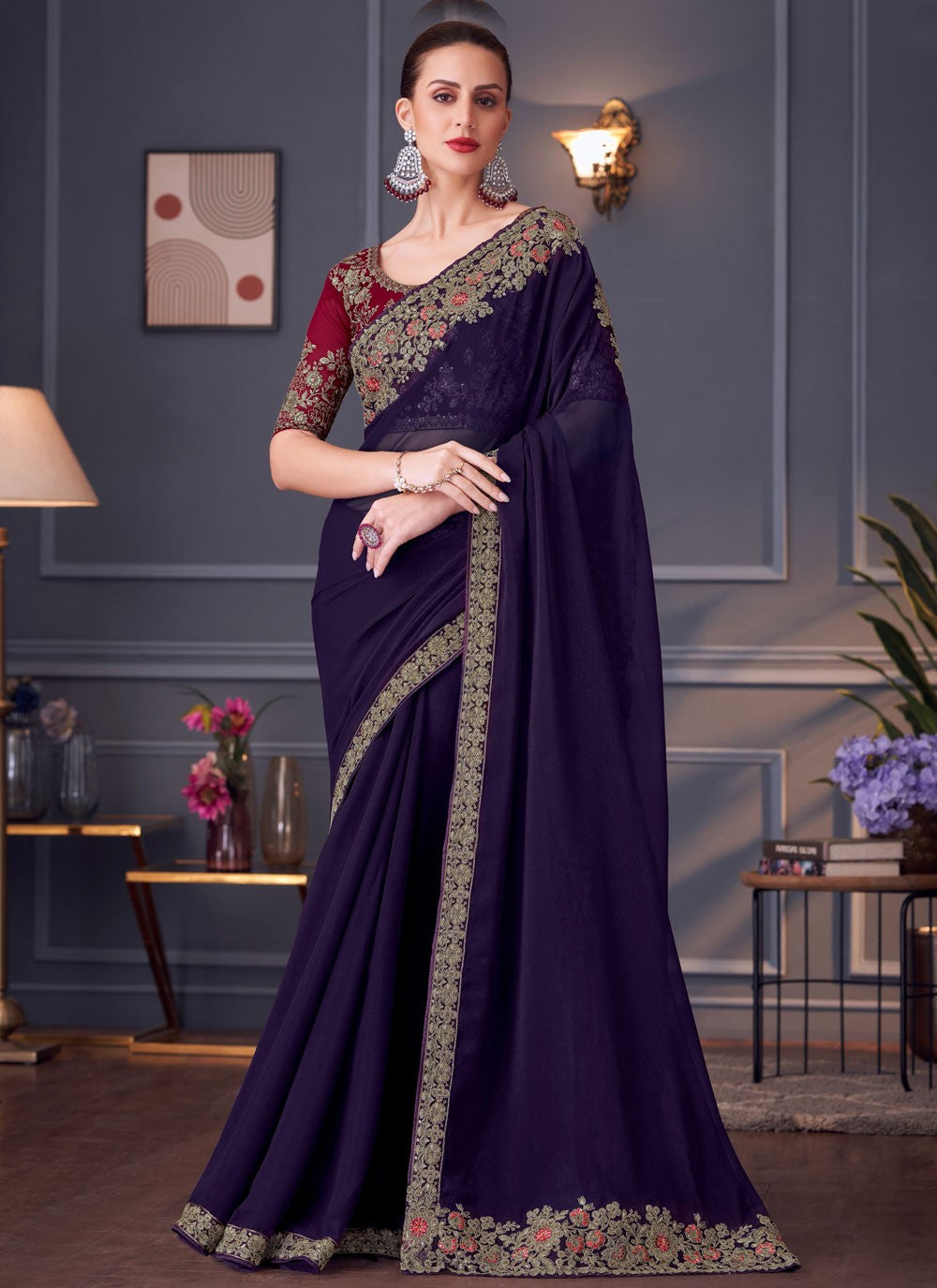 Classic Embroidered Satin Silk Saree - S8745