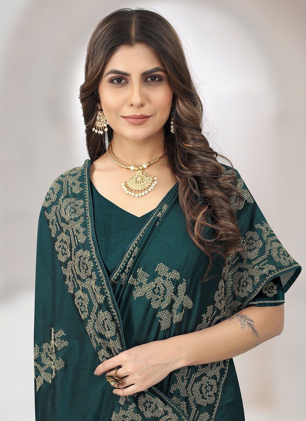 Contemporary Embroidered Vichitra Silk Saree - S2757