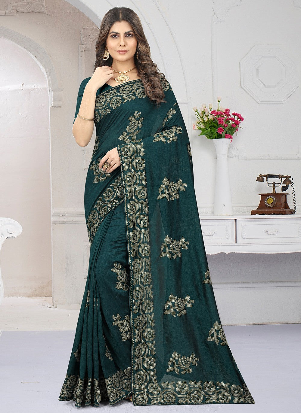 Contemporary Embroidered Vichitra Silk Saree - S2757