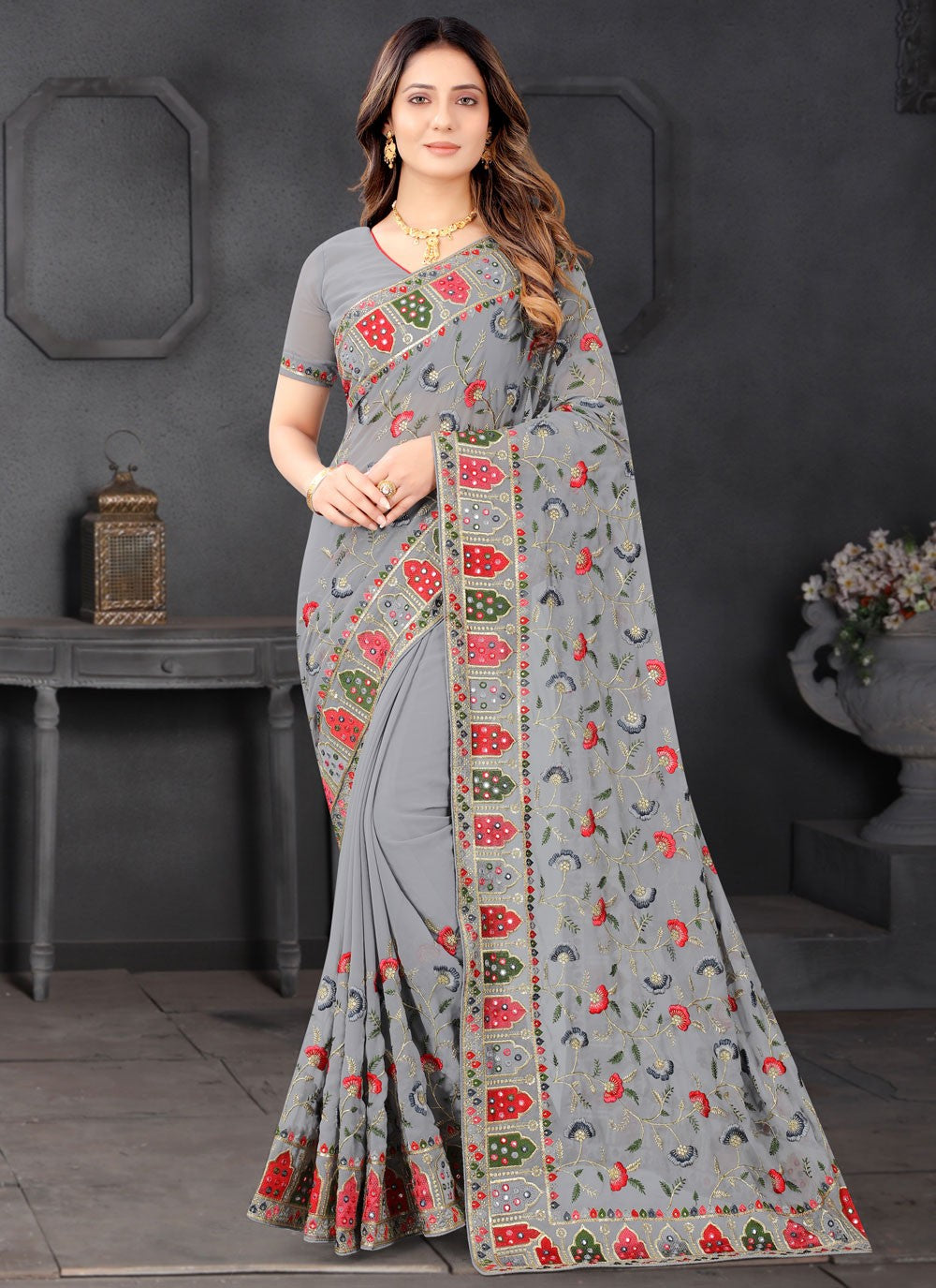 Contemporary Embroidered Georgette Saree - S9355