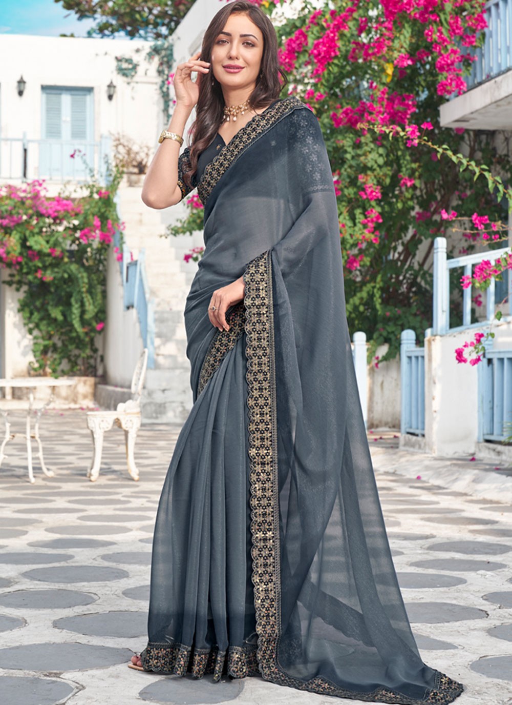 Trendy Embroidered Shimmer Saree - S4835