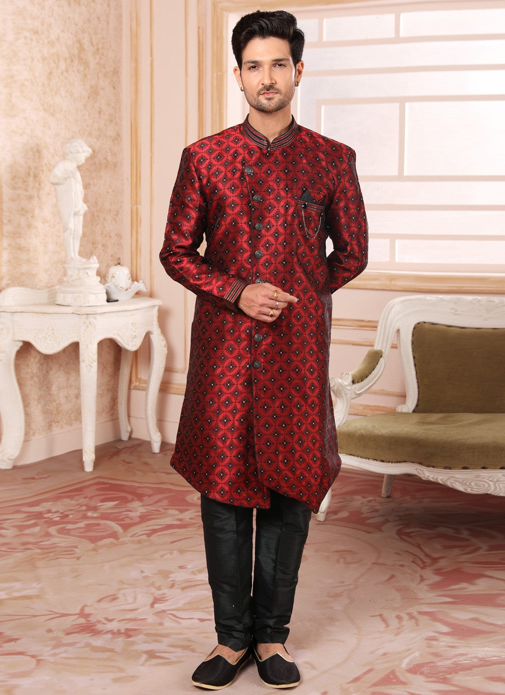 Embroidered Jacquard Maroon Indo Western - M4416