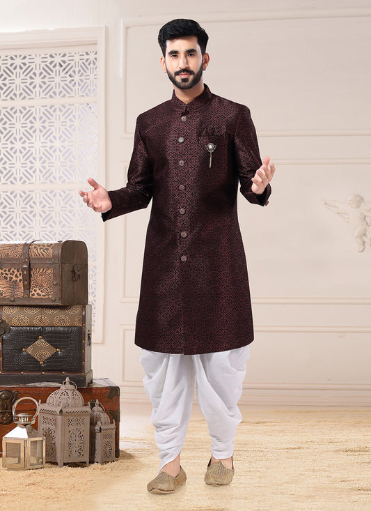 Embroidered Jacquard Wine Indo Western Sherwani - M4671