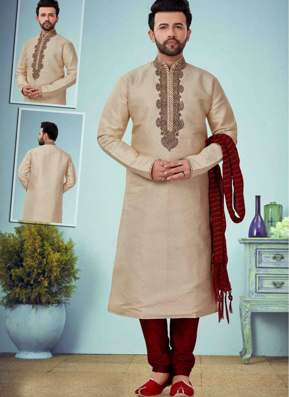 Embroidered Jacquard Gold Kurta Pyjama - M1642