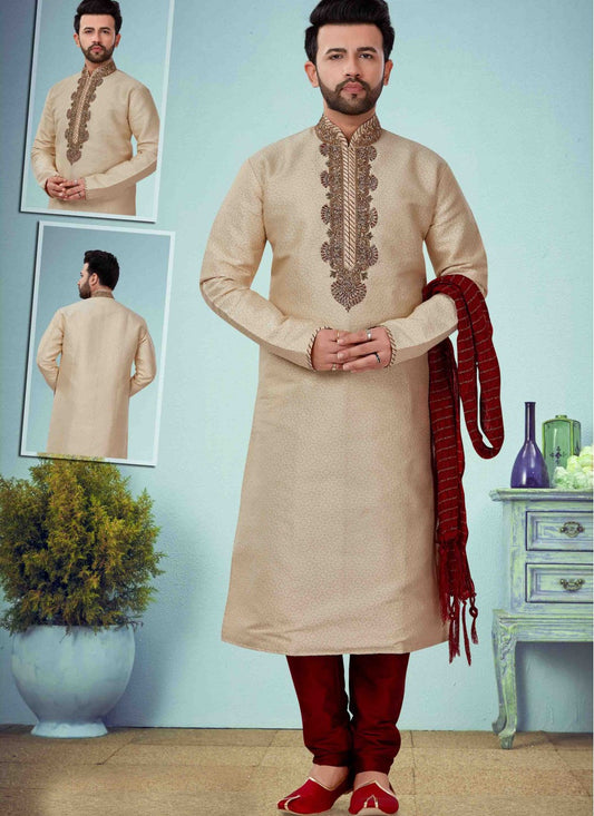 Embroidered Jacquard Gold Kurta Pyjama - M1642