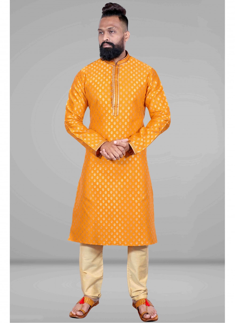 Embroidered Jacquard Yellow Kurta Pyjama - M1828