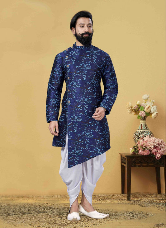 Embroidered Jacquard Silk Blue Indo Western - M1753