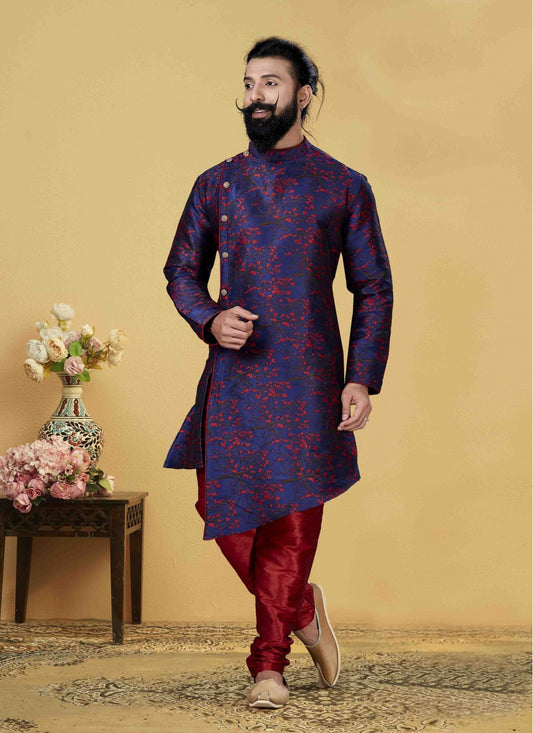 Embroidered Jacquard Silk Blue Indo Western - M1757