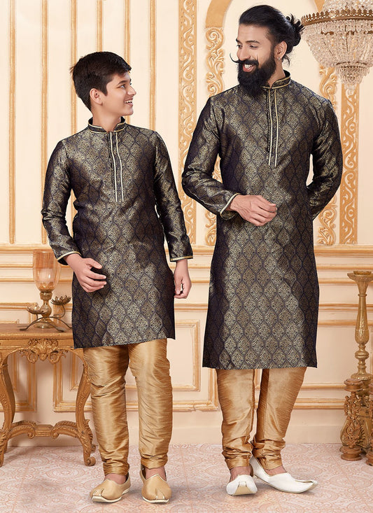 Embroidered Jacquard Silk Black Kurta Pyjama - M1909